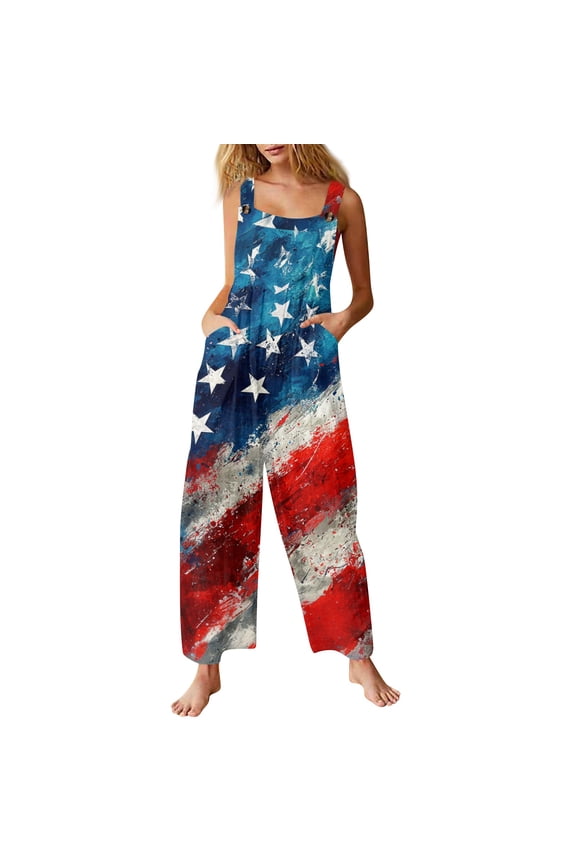 4th of July Jumpsuits for Women Red White Blue Print Cotton Linen Wide Leg 1776 Rompers Patriotic Sleeveless Stars Stripes Long Pants with Pockets Royal Blue M