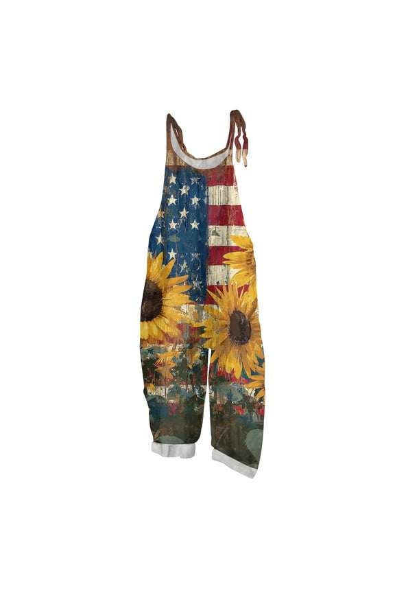 4th of July Jumpsuits for Women USA Flag Plus Size Sleeveless Cotton Linen 250th Year Rompers Red White Blue Adjustable Straps Stars Stripes Pants Royal Blue 5XL