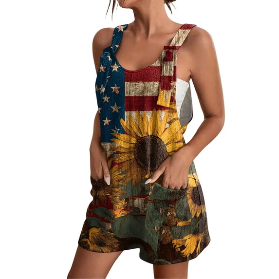 JULMCOMO 4th of July Rompers for Women American Flag Sleeveless Casual 1776 250th Year Outfits Independence Day Red White Blue Short Pants with Pockets Earthy Yellow 2XL