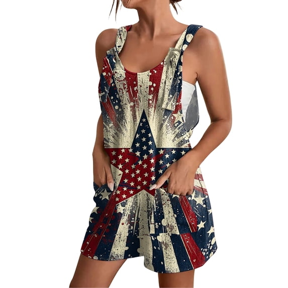 JULMCOMO 4th of July Rompers for Women American Flag Sleeveless Casual 1776 250th Year Outfits Independence Day Red White Blue Short Pants with Pockets Sky Blue L