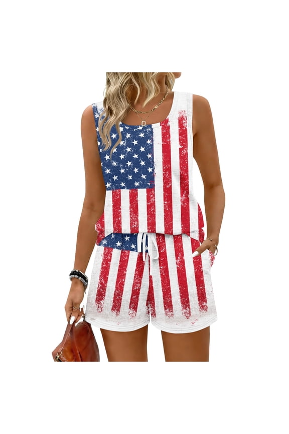 4th of July Two Piece Sets for Women 250th Year Square Neck Drawstring Patriotic Outfits Red White Blue Sleeveless Tank Top Summer Short Sets with Pockets White XL