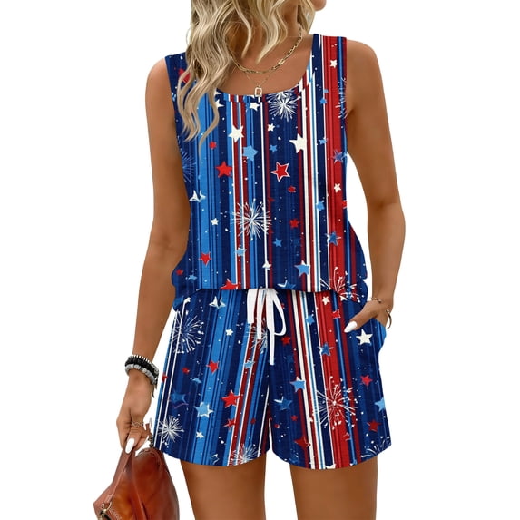 JULMCOMO 4th of July Two Piece Sets for Women Independence Day Square Neck Sleeveless Tank Top 1776 Outfits American Flag Patriotic Short Sets with Pockets Sky Blue S
