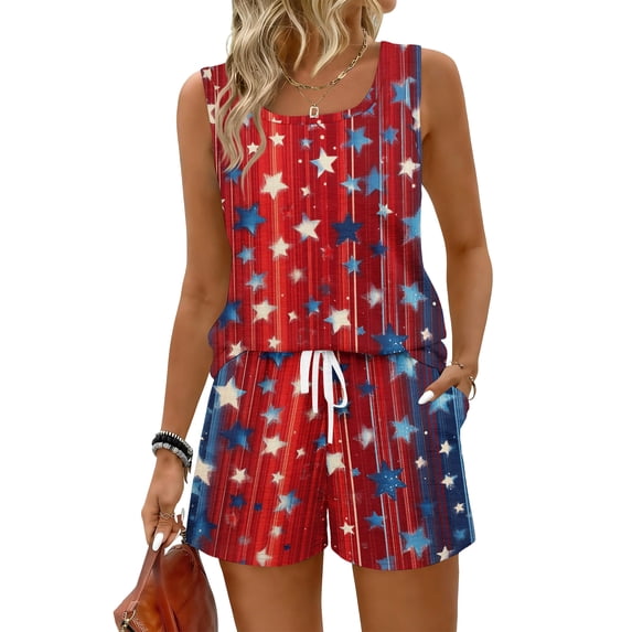 JULMCOMO 4th of July Two Piece Sets for Women USA Flag Sleeveless Tank Top Patriotic Short Sets Independence Day Square Neck Stars Stripes Clothes with Pockets Dark Blue 2XL