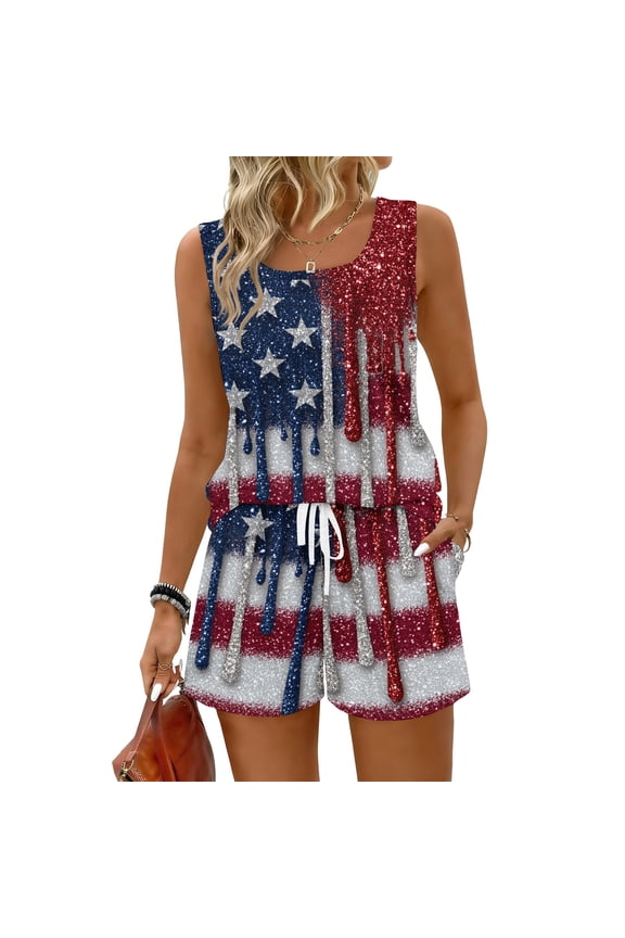 4th of July Two Piece Sets for Women USA Flag Sleeveless Tank Top Patriotic Short Sets Independence Day Square Neck Stars Stripes Clothes with Pockets Red M