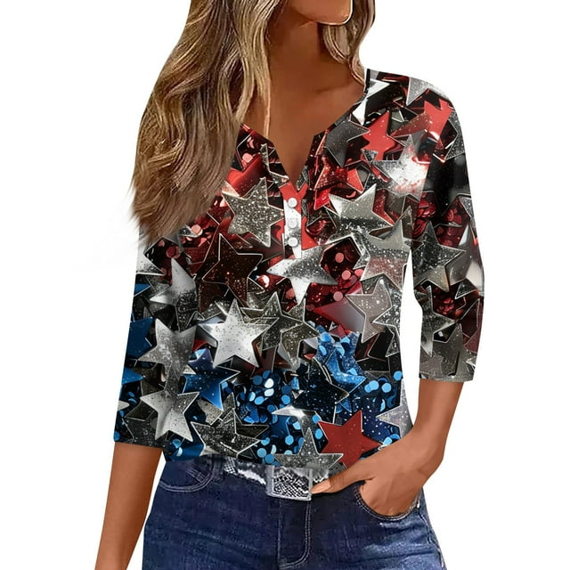 4th Of July Half Sleeve Womens Summer Tops Summer V Neck