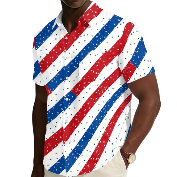 JULMCOMO 4th of July Hawaiian Shirt for Men Red White Blue Short Sleeve Casual Button Down Shirts Stars Stripes Summer Clothing Dark Blue M