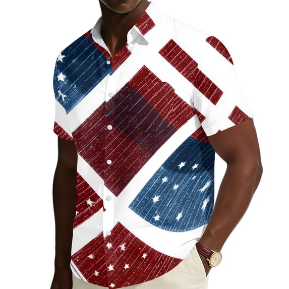 JULMCOMO 4th of July Hawaiian Shirt for Men Red White Blue Short Sleeve Casual Button Down Shirts Stars Stripes Summer Clothing Vermilion 2XL