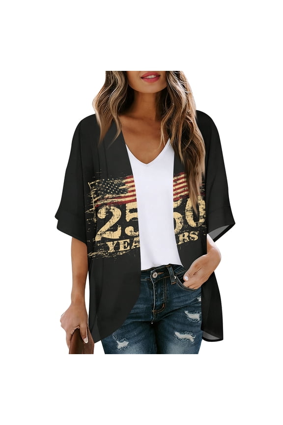 4th of July Lightweight Cardigans for Women Red White Blue Half Sleeve Patriotic Kimono Cover Ups Summer Tops Deep Red M