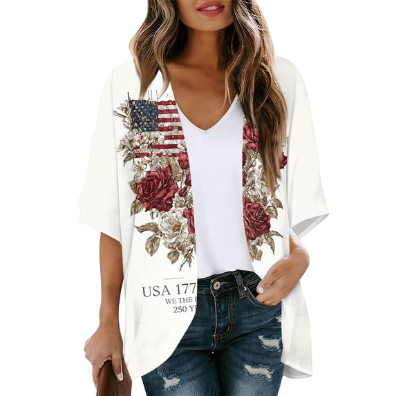 JULMCOMO 4th of July Lightweight Cardigans for Women Stars Stripes Half Sleeve Patriotic Kimono Cover Ups Summer Tops Deep Red S