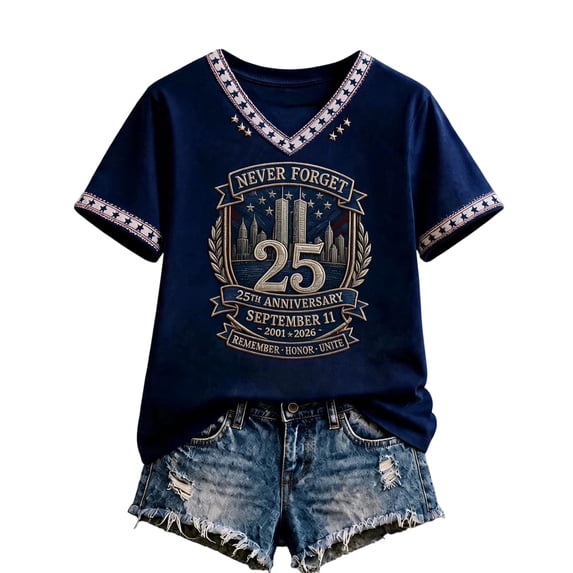 JULMCOMO 9/11 25th Anniversary T Shirts for Women 2001-2026 Never Forget V Neck Patriotic Shirts American Flag Vintage Graphic Tees Blue XL