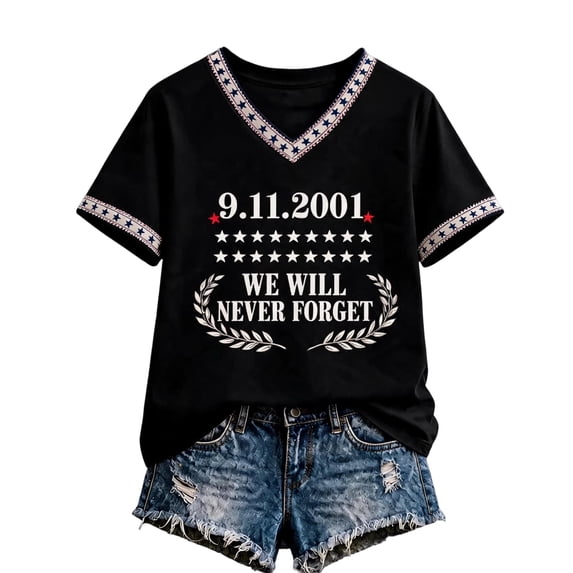 JULMCOMO 9/11 25th Anniversary T Shirts for Women 2001-2026 Never Forget V Neck Patriotic Shirts American Flag Vintage Graphic Tees Dark Gray XL