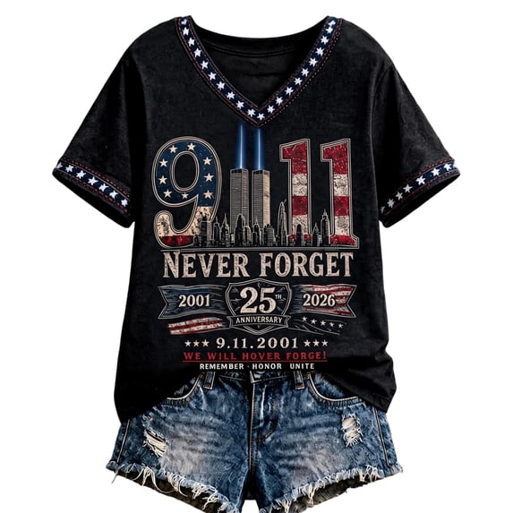 JULMCOMO 9/11 25th Anniversary T Shirts for Women 2001-2026 Never Forget V Neck Patriotic Shirts American Flag Vintage Graphic Tees Navy L