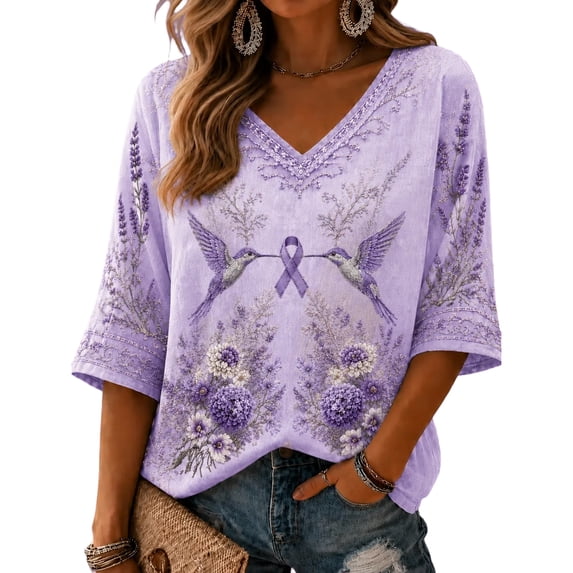 JULMCOMO Alzheimer's Awareness Graphic Tees for Women Purple Hummingbird Print V Neck Casual T Shirts 3/4 Sleeve Loose Comfy Graphic Shirts White L