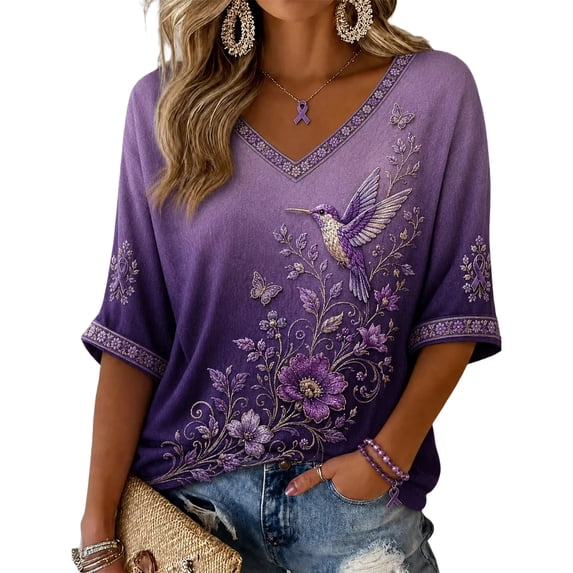 JULMCOMO Alzheimer's Awareness Shirts for Women Purple Floral Print V Neck 3/4 Sleeve Casual Comfy T Shirts Loose Fit Graphic Tees Purple Pink S