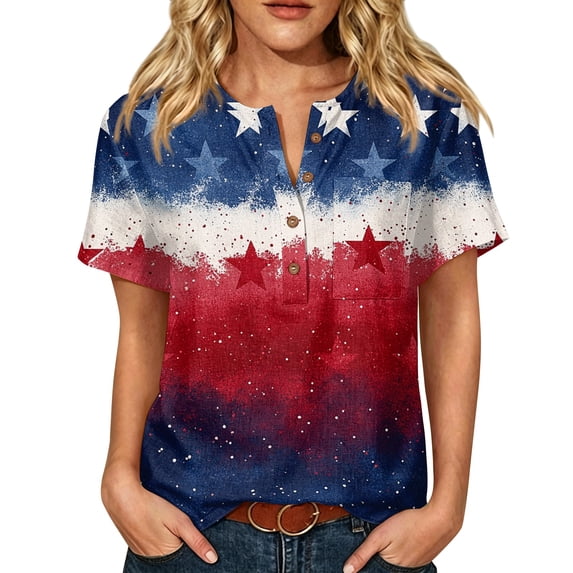 JULMCOMO American Flag Cotton Linen T Shirts for Women 1776 Henley Shirts Independence Day Summer Tops with Chest Pocket Dark Blue L