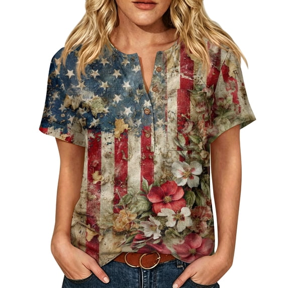 JULMCOMO American Flag Cotton Linen T Shirts for Women 1776 Henley Shirts Independence Day Summer Tops with Chest Pocket Khaki XL