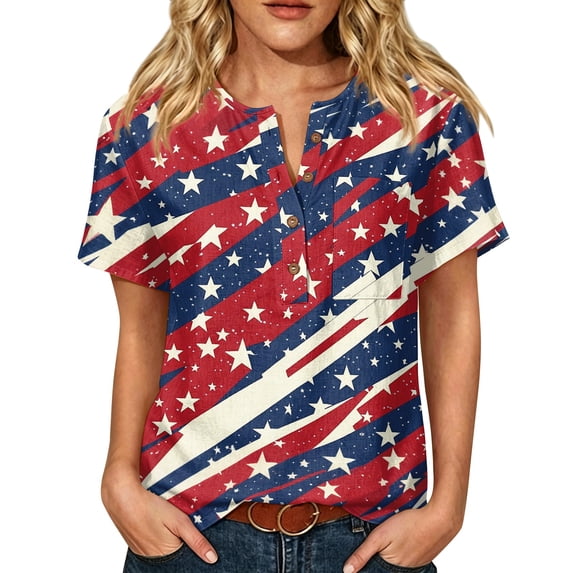 JULMCOMO American Flag Cotton Linen T Shirts for Women 1776 Henley Shirts Independence Day Summer Tops with Chest Pocket Red 3XL