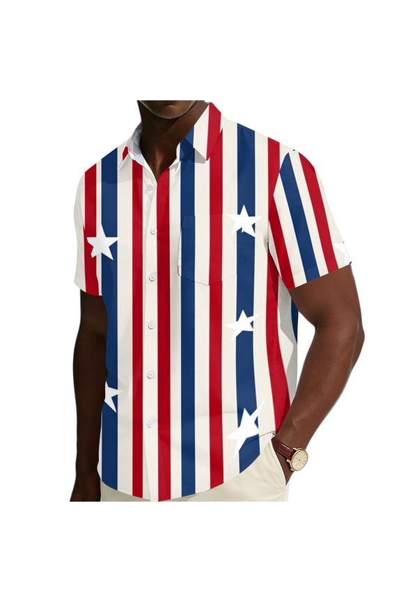 American Flag Hawaiian Shirt for Men 1776 Short Sleeve Casual Button Down Shirts Independence Day Summer Clothing Vermilion L