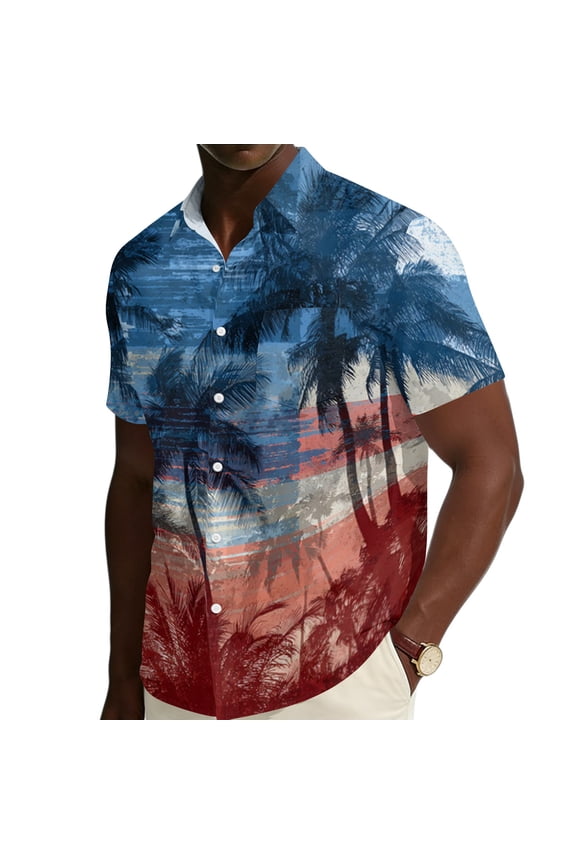 American Flag Hawaiian Shirt for Men Red White Blue Short Sleeve Trendy Button Down Shirts Independence Day Summer Clothing Red L