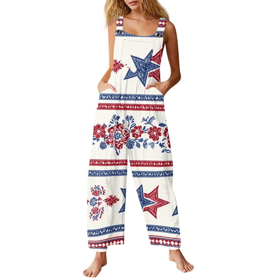 JULMCOMO American Flag Jumpsuits for Women 1776 250th Year Plus Size Wide Leg Stars Stripes Overalls Red White Blue Sleeveless Patriotic Rompers with Pockets Multicolor 4XL
