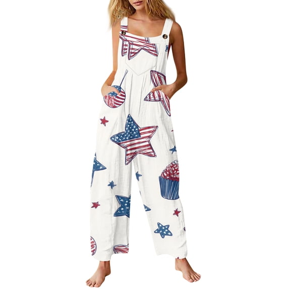 JULMCOMO American Flag Jumpsuits for Women 1776 250th Year Plus Size Wide Leg Stars Stripes Overalls Red White Blue Sleeveless Patriotic Rompers with Pockets Beige 4XL