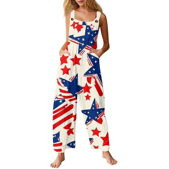 JULMCOMO American Flag Jumpsuits for Women Patriotic Sleeveless Cotton 1776 250th Year Overalls Red White Blue Wide Leg Patriotic Rompers with Pockets Navy XL