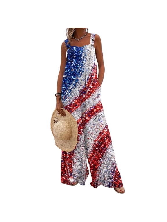 American Flag Jumpsuits for Women Red White Blue Button Straps Patriotic Jumpsuits 250th Year Sleeveless Wide Leg Flowy 4th of July Outfits with Pockets Deep Red L