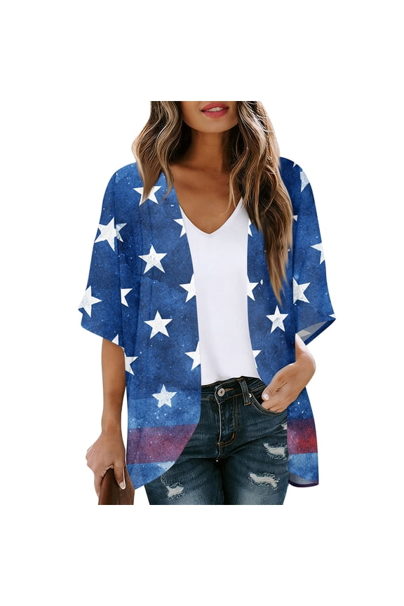 American Flag Lightweight Cardigans for Women Red White Blue Half Sleeve Independence Day Kimono Cover Ups Summer Tops Blue L