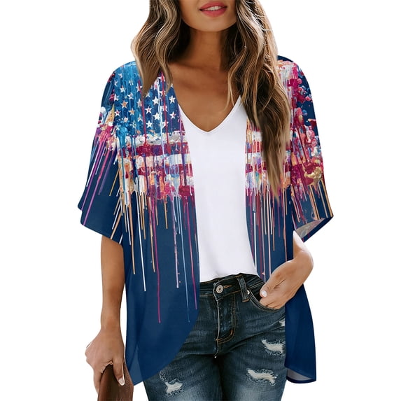 JULMCOMO American Flag Lightweight Cardigans for Women Red White Blue Half Sleeve Independence Day Kimono Cover Ups Summer Tops Dark Blue L