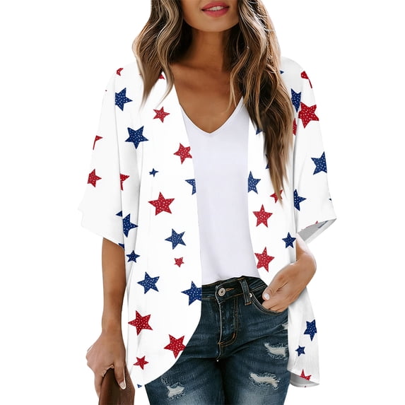 JULMCOMO American Flag Lightweight Cardigans for Women Red White Blue Half Sleeve Patriotic Kimono Cover Ups Summer Tops White M