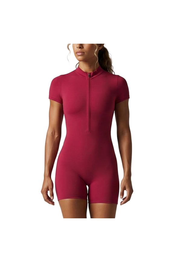 Athletic Rompers for Women Mock Neck Zip Up Workout Gym Summer Rompers Short Sleeve Slim Fit Sports Yoga Bodysuit Shorts Red L