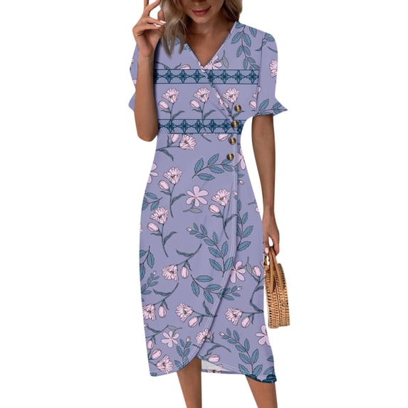 JULMCOMO Beach Dresses for Women Summer Trendy Elegant Wrap V Neck Dresses Floral Print Boho Dress Flowy Ruched Hawaiian Maxi Dress