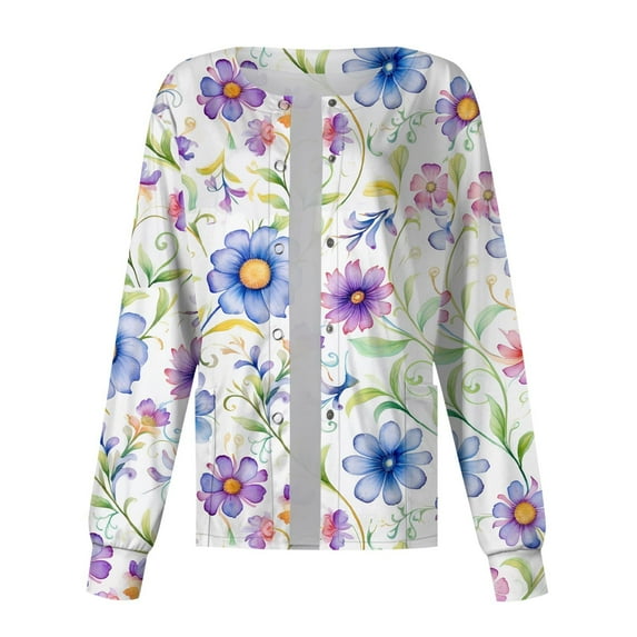 JULMCOMO Black Scrub Jacket for Woman Long Sleeve Button up Plus Size Medical Scrub Top Floral Printed Nurses Working Uniforms Lightweight Lab Coat Blue XL