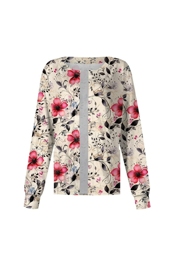 Black Scrub Jackets for Woman Lightweight Scrubs Set Floral Printed Long Sleeve Scrub Top Snap Front Working Nursing Uniforms Red 4XL