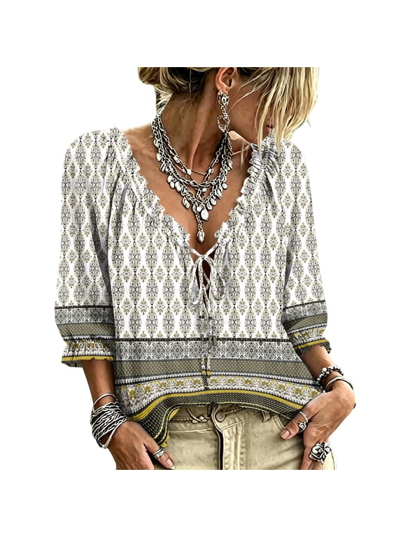 Blouses for Women Vintage Floral Print Deep V Neck Ruffle Trim Tie Front Comfy Casual Tops 3/4 Puff Sleeve Loose Fit Vacation Shirts Light Gray M