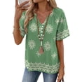 thumbnail image 1 of JULMCOMO Blouses for Women Boho Floral Print V Neck Half Button Short Sleeve Casual Summer Blouses Loose Fit Comfy Tunic Tops Green M, 1 of 3