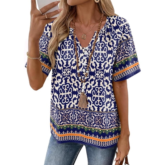 JULMCOMO Blouses for Women Boho Floral Print V Neck Half Button Short Sleeve Casual Summer Blouses Loose Fit Comfy Tunic Tops Navy XL