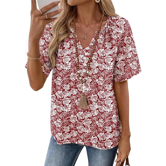 JULMCOMO Blouses for Women Boho Floral Print V Neck Half Button Short Sleeve Casual Summer Blouses Loose Fit Comfy Tunic Tops Red S