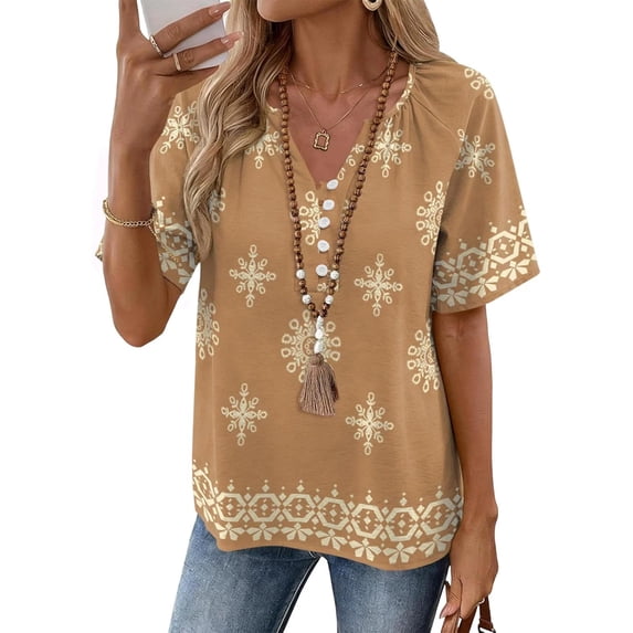 JULMCOMO Blouses for Women Boho Floral Print V Neck Half Button Short Sleeve Casual Summer Blouses Loose Fit Comfy Tunic Tops Yellow XL