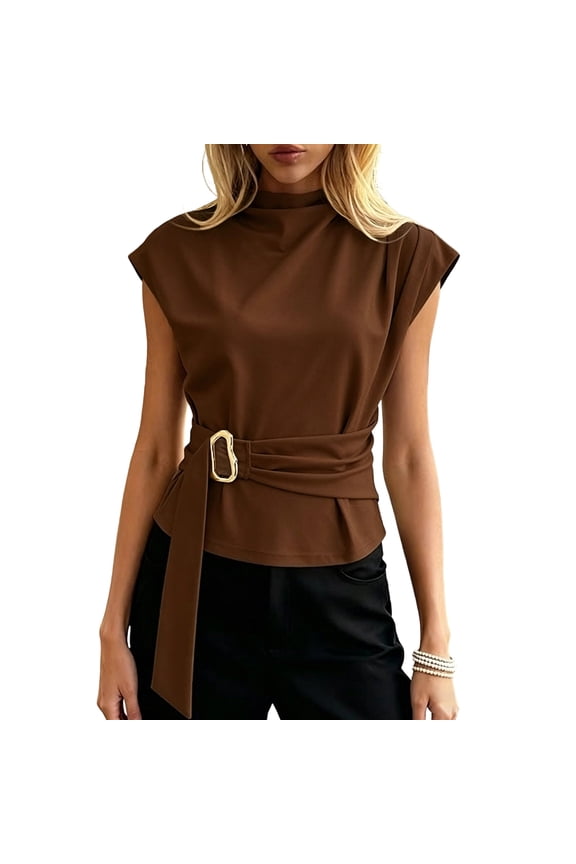 Blouses for Women Mock Neck Cap Sleeve Metal Buckle Dressy Blouses Cinched Waist Slim Fit Business Tunic Summer Tops Brown M