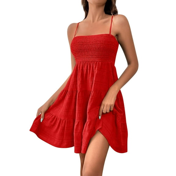JULMCOMO Boho Dresses for Women 2024 Tunic Flowy Short Skirt Swing a Line Sleeveless Square Neck Short Mini Dress Red S