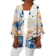 JULMCOMO Boho Kimono for Women Casual 3/4 Sleeve Lightweight Open Front Floral Long Cardigan Kimono Beachwear Beige S