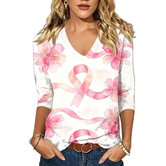 JULMCOMO Breast Cancer Awareness Shirts for Women Breast Cancer V Neck 3/4 Sleeve Pink Ribbon Graphic Tees Loose Fit Casual Comfy T-Shirts Light Purple 3XL