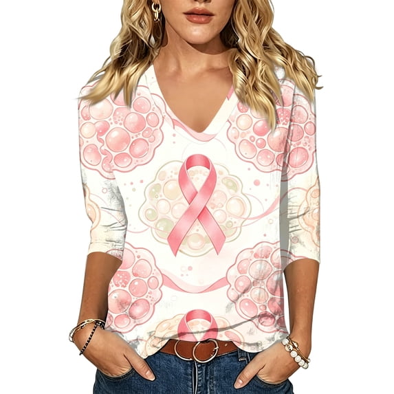 JULMCOMO Breast Cancer Awareness Shirts for Women Breast Cancer V Neck 3/4 Sleeve Pink Ribbon Graphic Tees Loose Fit Casual Comfy T-Shirts Watermelon Red 3XL
