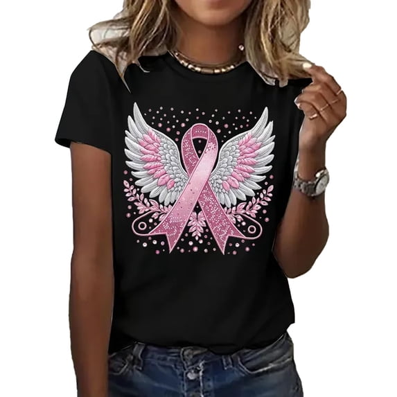 JULMCOMO Breast Cancer Awareness Shirts for Women Crew Neck Breast Cancer Pink Ribbon Trendy T Shirts Short Sleeve Loose Fit Cute Graphic Tees Black M