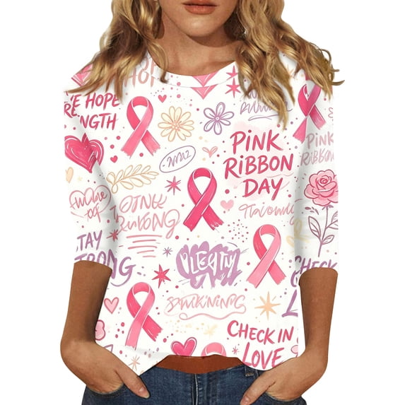 JULMCOMO Breast Cancer Awareness Shirts for Women Pink Ribbon Crew Neck 3/4 Sleeve Cute Graphic Tees Breast Cancer Loose Fit Casual T Shirts Light Purple 2XL
