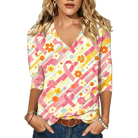 JULMCOMO Breast Cancer Awareness Shirts for Women Breast Cancer V Neck 3/4 Sleeve Pink Ribbon Graphic Tees Loose Fit Casual Comfy T-Shirts Yellow 4XL