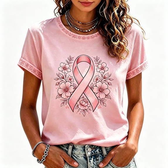 JULMCOMO Breast Cancer Awareness Shirts for Women Breast Crew Neck Comfy Pink Ribbon Graphic Tees Short Sleeve Loose Casual Tops Light pink XL