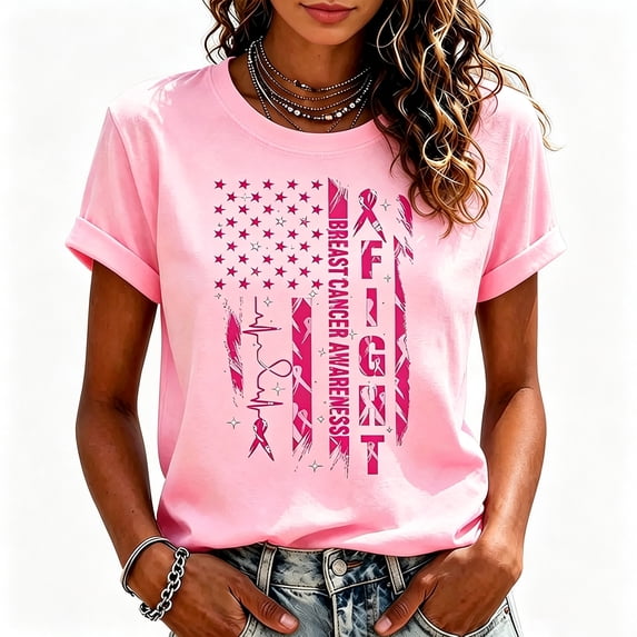 JULMCOMO Breast Cancer Awareness Shirts for Women Breast Crew Neck Comfy Pink Ribbon Graphic Tees Short Sleeve Loose Casual Tops Pink S