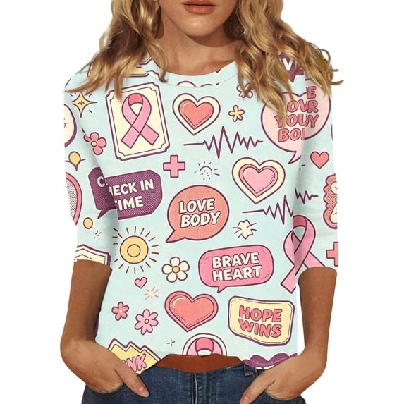 JULMCOMO Breast Cancer Awareness Shirts for Women Pink Ribbon Crew Neck 3/4 Sleeve Cute Graphic Tees Breast Cancer Loose Fit Casual T Shirts Blue S
